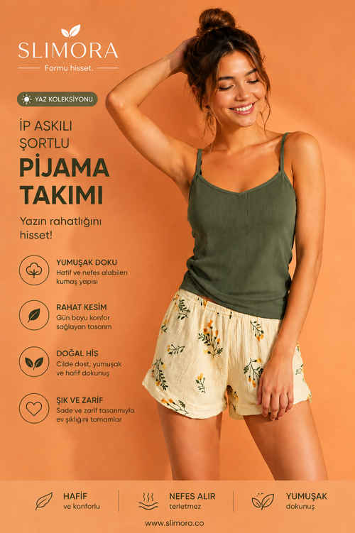 Slimora™ Olive Bloom Askılı Pijama Takımı