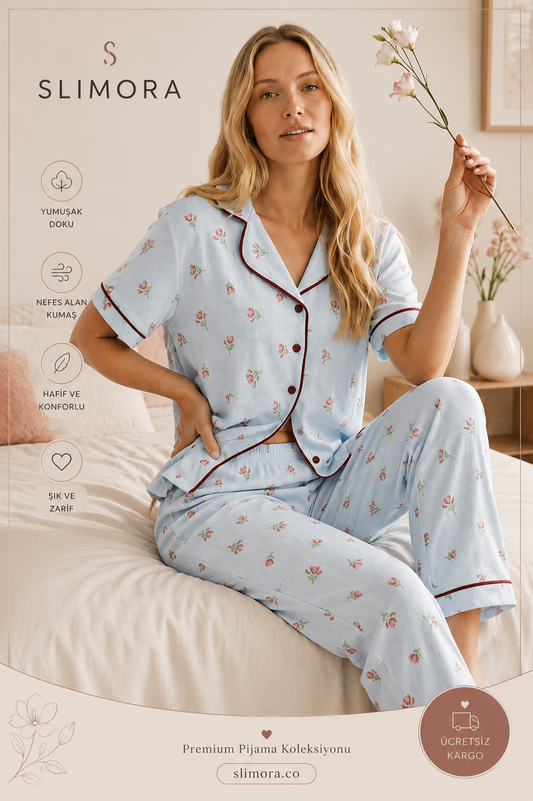 Slimora™ Blue Tulip Pijama Takımı