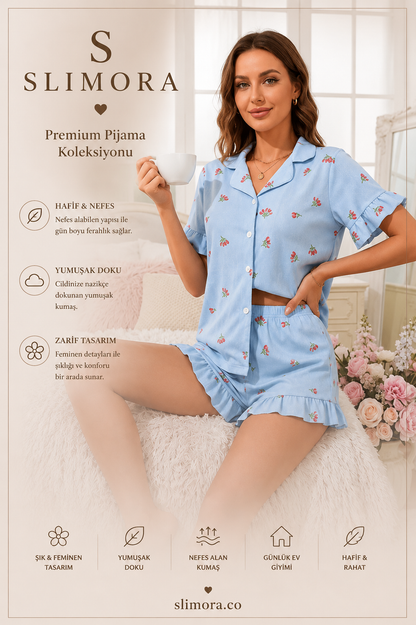 Slimora™ Blue Daisy Şortlu Pijama Takımı