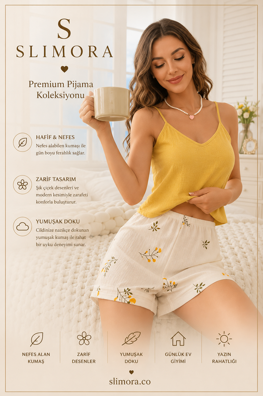 Slimora™ Golden Blossom Askılı Şortlu Pijama Takımı