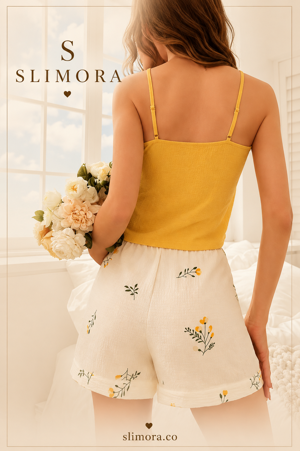 Slimora™ Golden Blossom Askılı Şortlu Pijama Takımı