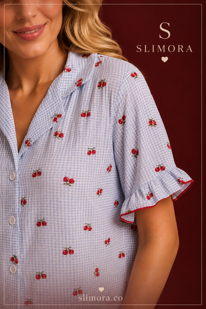 Slimora™ Blue Cherry Breeze Kısa Kollu Yazlık Pijama Takımı