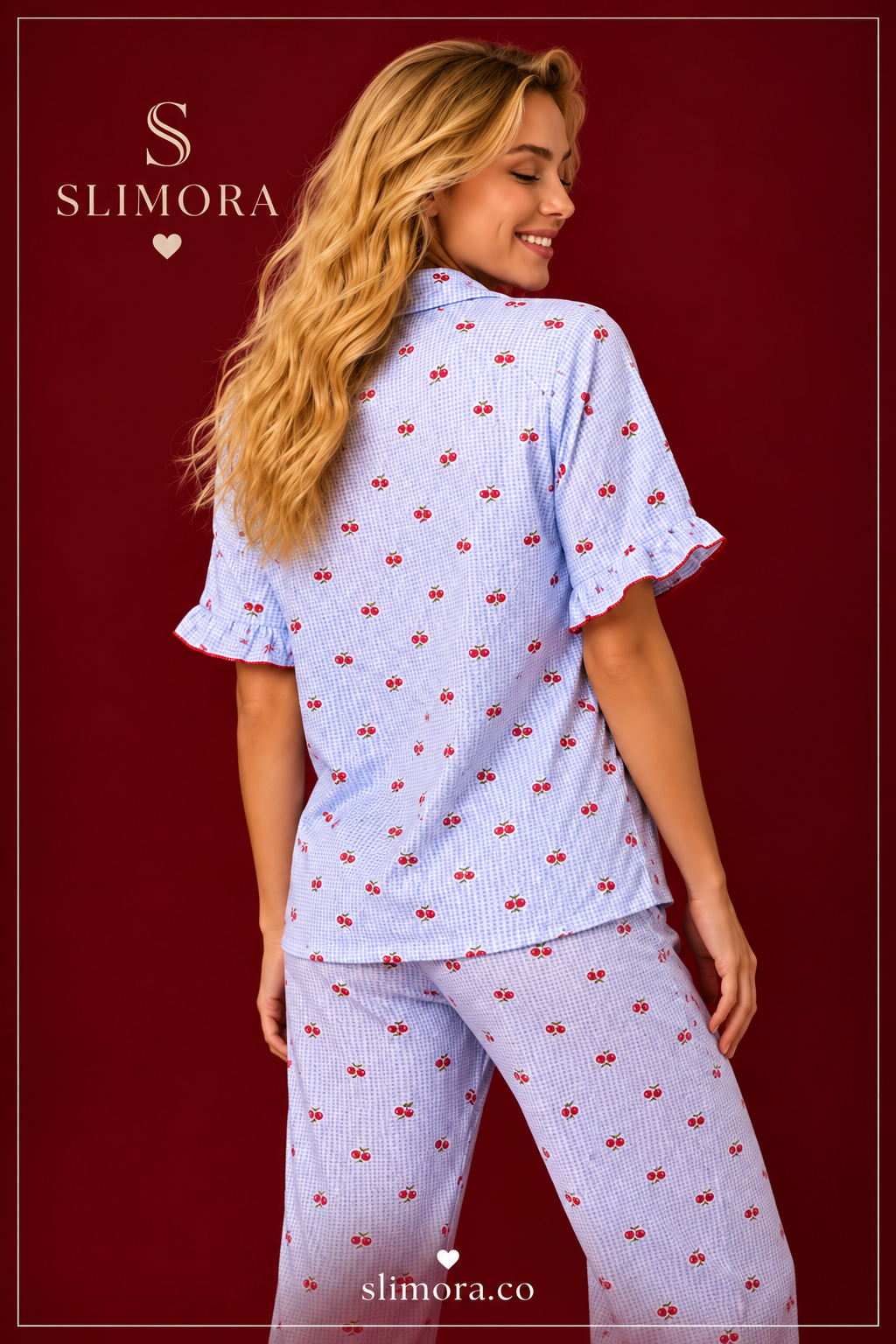Slimora™ Blue Cherry Breeze Kısa Kollu Yazlık Pijama Takımı