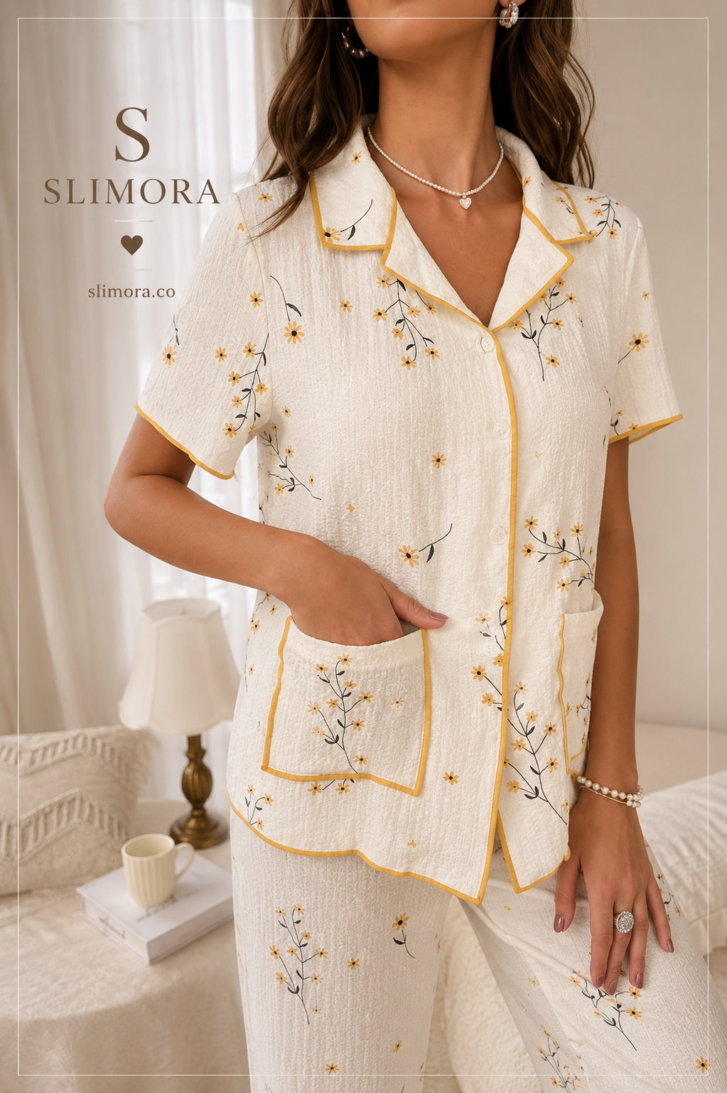 Slimora™ Floral Grace Düğmeli Günlük Pijama Takımı