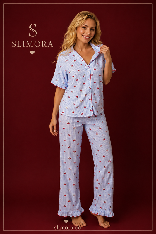 Slimora™ Blue Cherry Breeze Kısa Kollu Yazlık Pijama Takımı