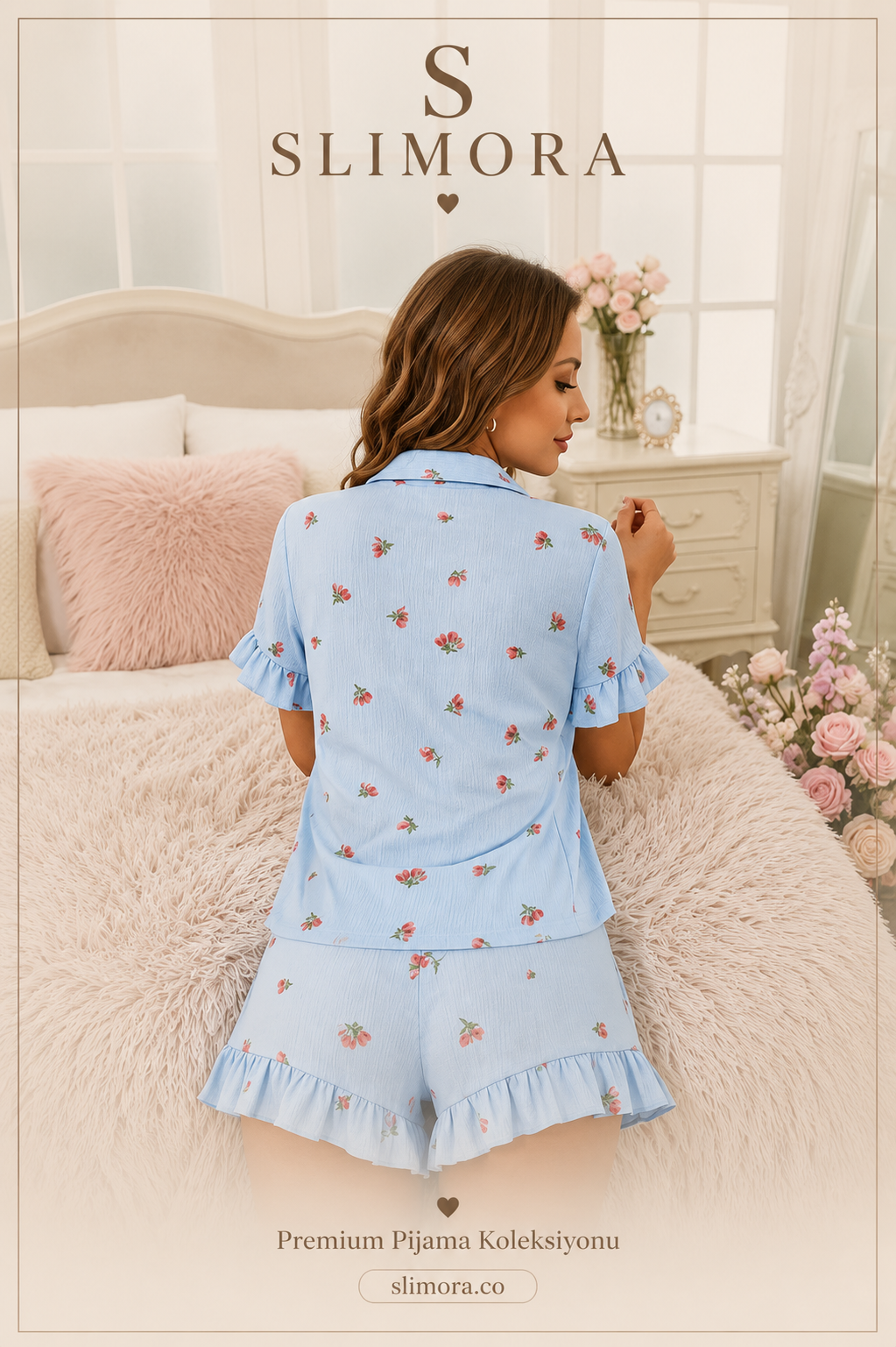 Slimora™ Blue Daisy Şortlu Pijama Takımı