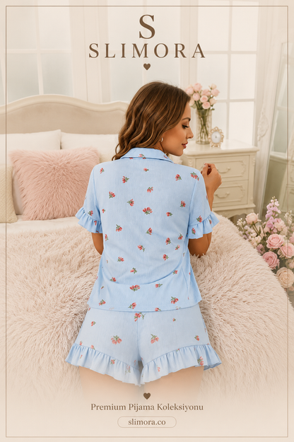 Slimora™ Blue Daisy Şortlu Pijama Takımı